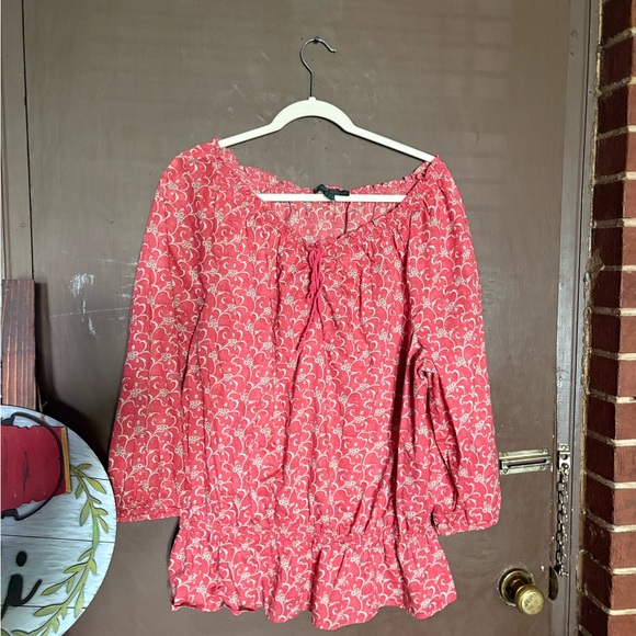 Lauren Ralph Lauren Jeans Co.Women's Peasant Top Shirt Muted Red Beige Print - Picture 2 of 7